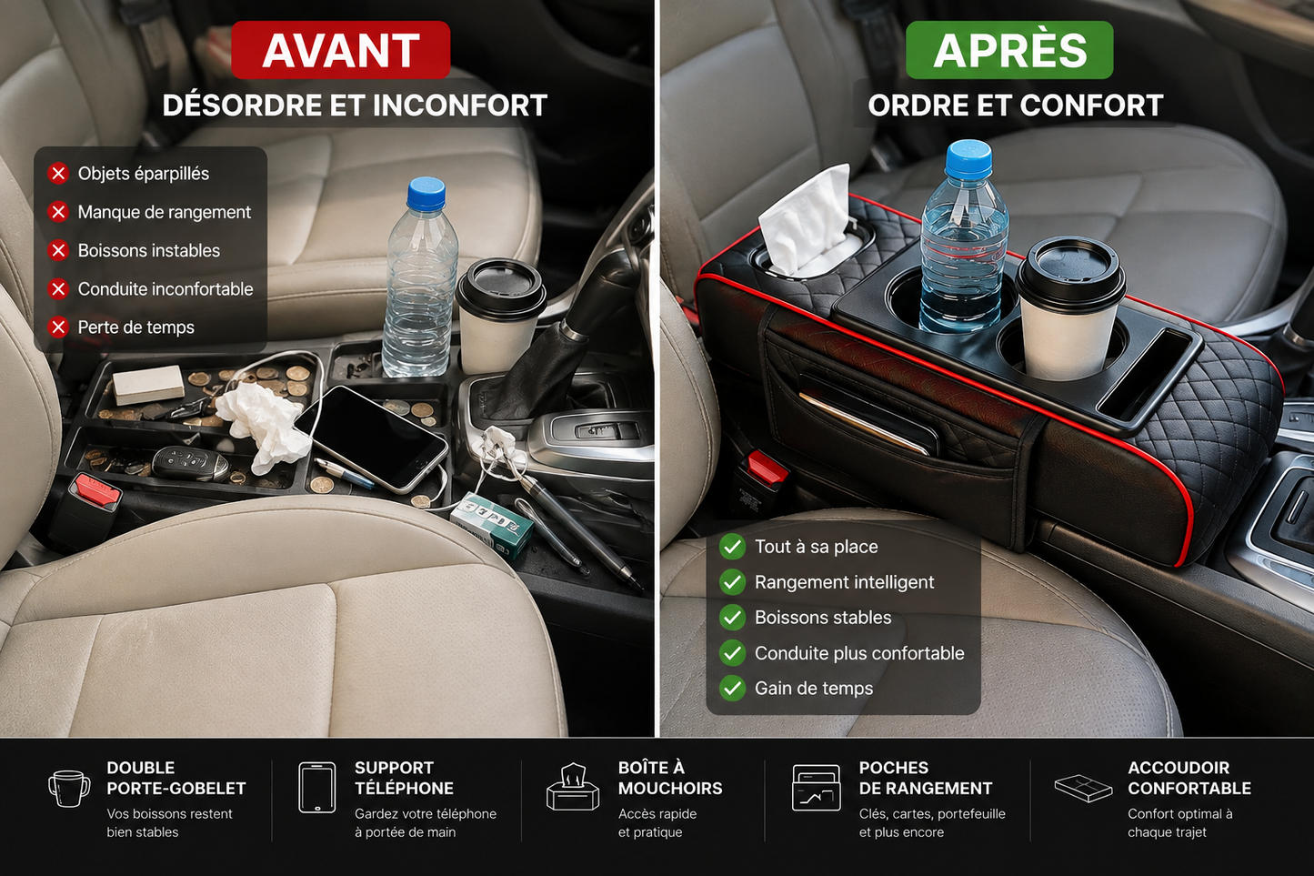 Accoudoir de Voiture VIP en Cuir : Confort et Rangement 5-en-1